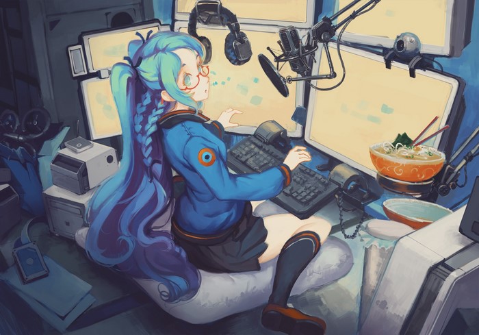 women, microphone, women indoors, headphones, anime girls, Pixiv, women with glasses, keyboards, aqua eyes, indoors, anime, blue hair, food