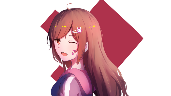 one eye closed, D.Va (Overwatch), Overwatch, white background, video game girls, long hair, video game art, PC gaming, looking at viewer, red eyes, simple background, open mouth