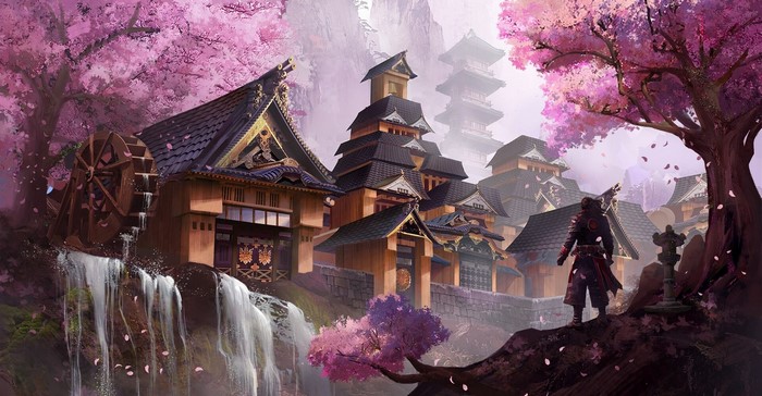 artwork, waterfall, fantasy art, architecture, Asian architecture, cherry blossom
