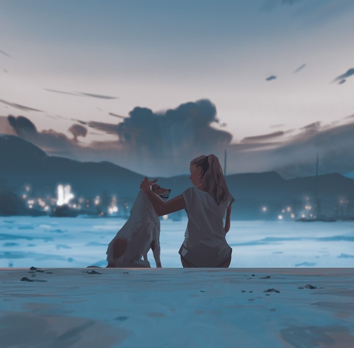 women, dog, pet, artwork, ArtStation, drawing, digital art, sitting, Atey Ghailan