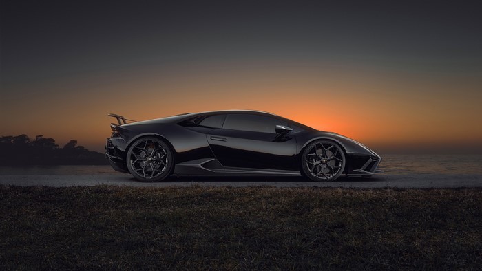 Lamborghini Huracan EVO RWD, Lamborghini Huracan, Lamborghini, low light, car, vehicle, supercars, black cars, sunset, Italian Supercars
