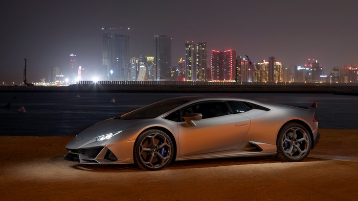 4K, Lamborghini Huracan EVO RWD, Italian Supercars, spotlights, Lamborghini, city, vehicle, night, car, Lamborghini Huracan, supercars, grey cars, city lights