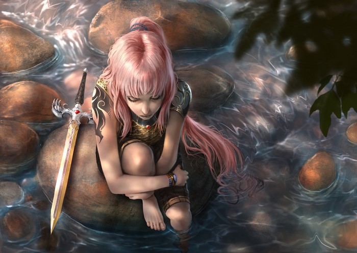 closed eyes, rocks, sitting, women with swords, water, artwork, hair, bracelets, leaves, pink hair, top view, digital art, drawing, feet, Leonardo Sá, sword, ArtStation