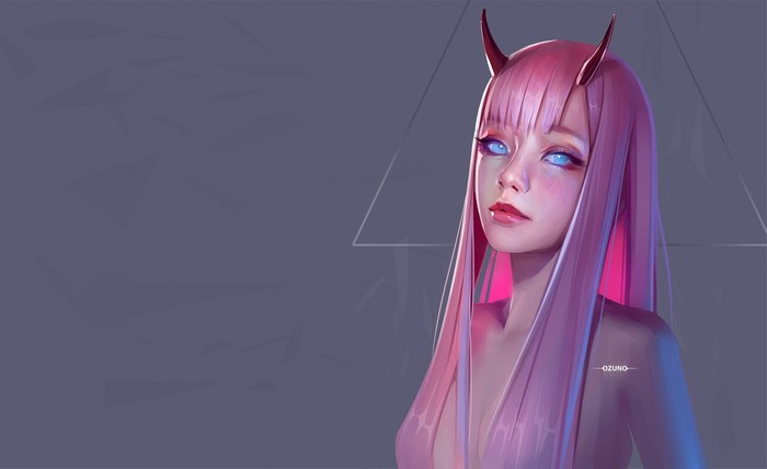 blue eyes, long hair, pink hair, digital art, artwork, ultrawide, simple background, looking at viewer, horns, Huy Ozuno, ArtStation, women