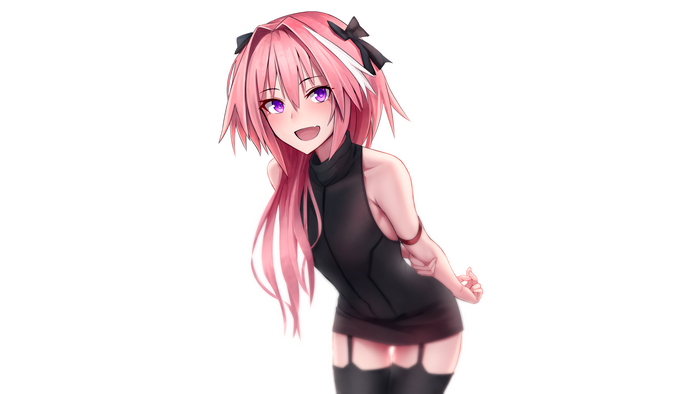4K, hair bows, femboy, blushing, crossdressing, Fate/Apocrypha, Rider of Black, hair in face, bent over, Astolfo (Fate/Grand Order), thighs, long hair, anime, garter straps, black stockings, zettai ryouiki, Fate Series, curvy, bare shoulders, Shijiu, traps, Astolfo (Fate/Apocrypha), Fate/Grand Order, fan art, anime boys, pink hair, digital art