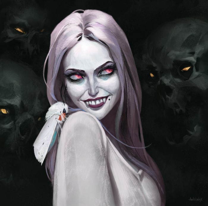 women, looking away, fangs, skull, ArtStation, ArtVorteX Holopainen, vampires, artwork, drawing, red eyes, face