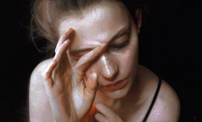 digital art, closed mouth, women, LIN RAN (Artist), hands, ultrawide, face, artwork, closed eyes, drawing, fingers, brunette, black background, ArtStation, blonde, dark background