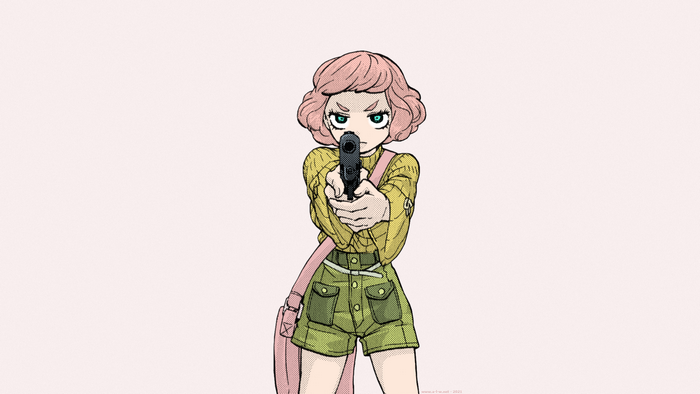 pink hair, green eyes, Killer, anime girls, Kei Kikuno, weapon, Violence Action, manga, angry, Renji Asai, short hair, anime, looking at viewer, women, short pants