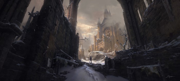 standing, alone, ultrawide, flying, landscape, artwork, birds, ArtStation, castle, digital art, tree bark, Pengzhen Zhang, snow covered