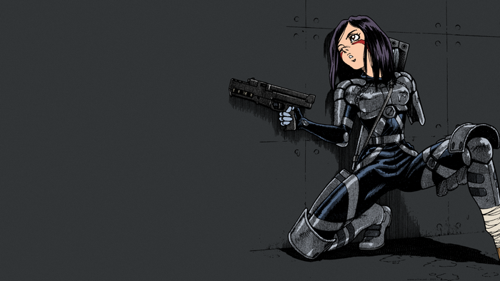 weapon, gun, black hair, Battle Angel Alita, anime girls, Gally, anime, women, Yukito Kishiro, manga, Alita, dark hair, Alita: Battle Angel, short hair, cyborg, bandage, GUNNM, brown eyes