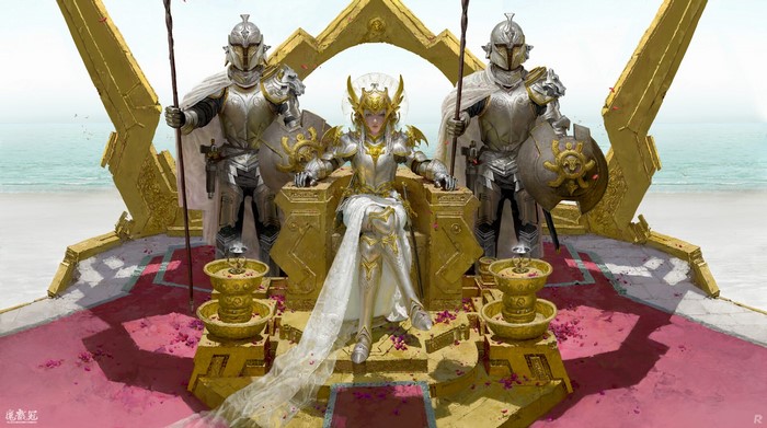 armored woman, knight, Ruan Jia, frontal view, digital art, legs crossed, fallen leaves, throne, women, crown, sitting, ArtStation, armor, artwork, armored, CROWNED