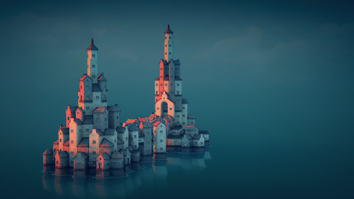 skyline, church, Townscaper, minimalism, video games, architecture, digital art, cathedral, video game art