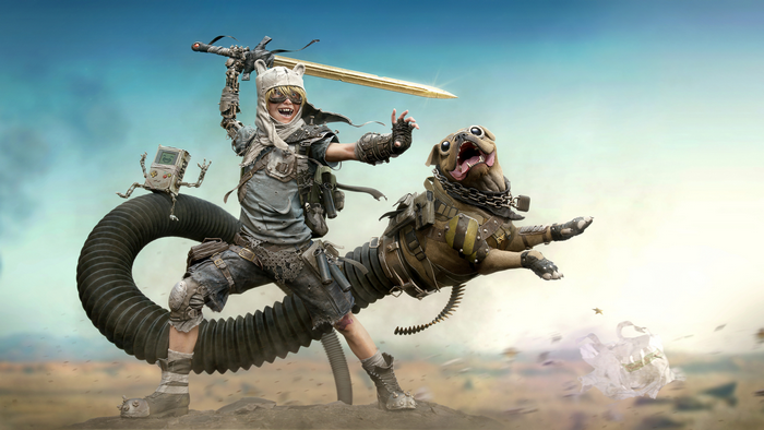 4K, digital, wasteland, artwork, GameBoy, digital art, dog, Adventure Time, sword