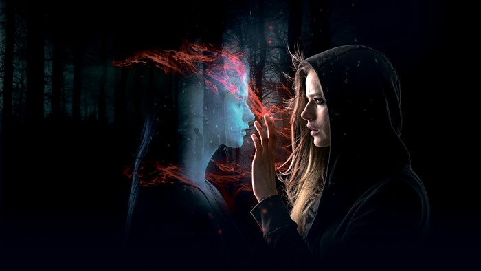 4K, forest, dark, people, Miss Ally, mirror, blonde, women, anime, love, fire