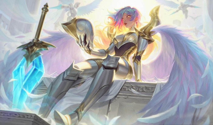 wings, sword, women, armor, artwork, fantasy art, Riven (League of Legends), angel, League of Legends