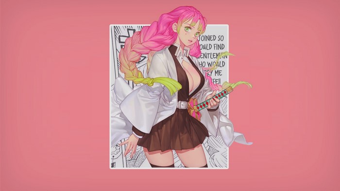 green hair, Ki Min-Woo, simple background, open clothes, green eyes, pink hair, no bra, Kimetsu no Yaiba, anime, speech bubble, minimalism, katana, Mitsuri Kanroji, picture-in-picture, anime girls, looking at viewer, braids