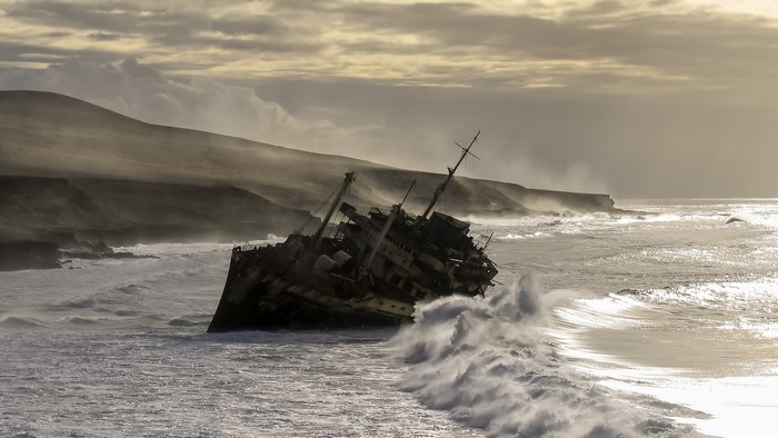 mist, shipwreck, Canary Islands, waves, Pedro Lopez Batista, coast, sea, Fuerteventura, atlantic ocean, American Star