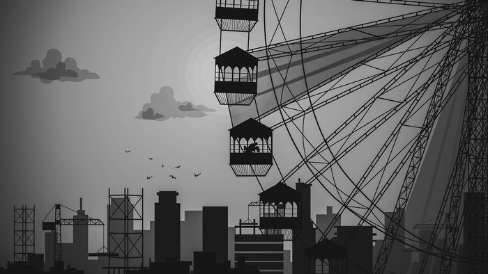 4K, silhouette, ferris wheel, illustration, city, artwork, cityscape, monochrome, animals, coupe, birds, sky, Sun