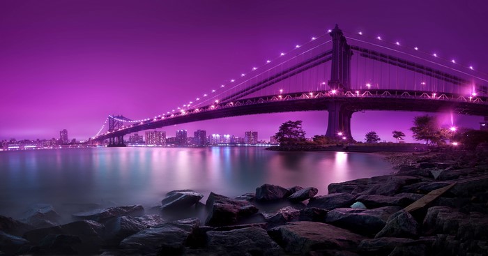 4K, bridge, sky, sea, rock, purple sky