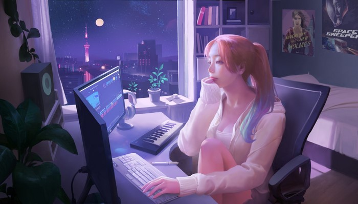women, computer, women indoors, artwork, sitting