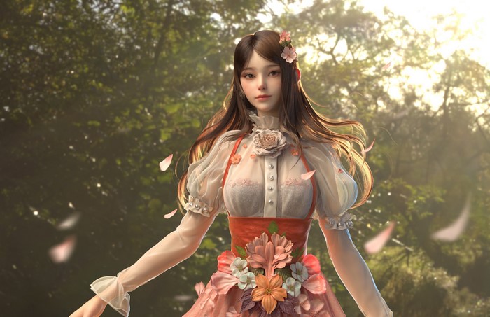 dress, artwork, fantasy art, women outdoors, digital art, fantasy girl, women, long hair, Yangzhengnan Cheng, Asian, CGI