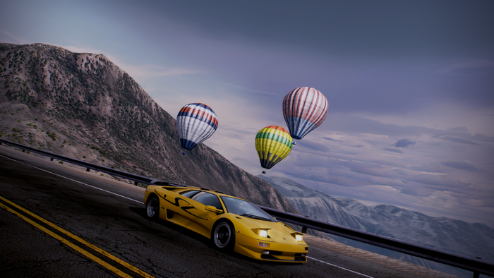 vehicle, Lamborghini, Lamborghini Diablo, video games, car, Need for Speed: Hot Pursuit, yellow cars, hot air balloons