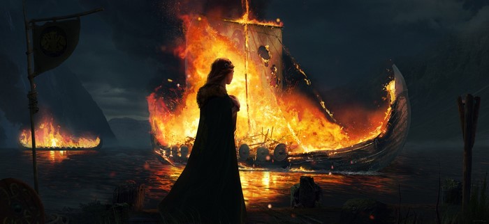 ship, oliver guiney, artwork, longships, fire, Vikings