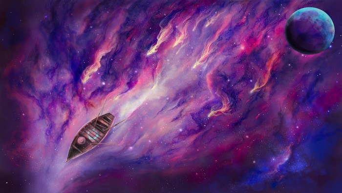 4K, digital art, planet, stars, boat, vV-ave