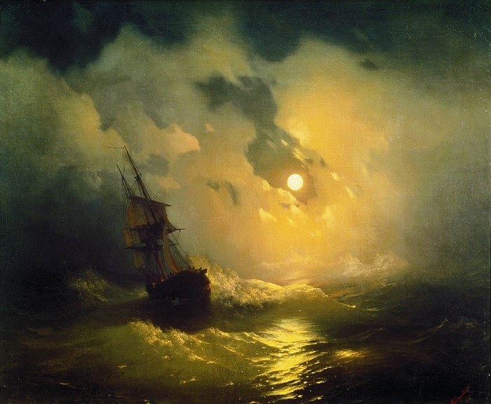 night, sea, classical art, waves, ship