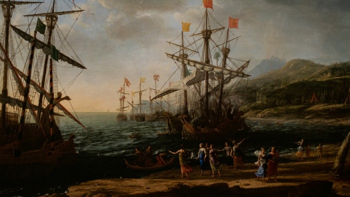4K, ship, painting, oil painting, harbor, shipyard, Claude Lorrain, classic art, sailing ship