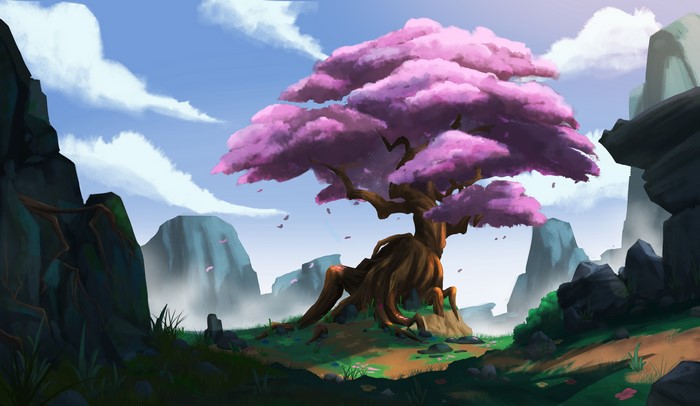 4K, rocks, clouds, digital art, roots, landscape, cherry blossom, old tree, Loo DeJing, artwork