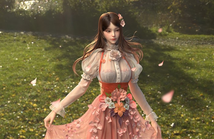 4K, Yangzhengnan Cheng, flowers, artwork, women, 3D graphics, digital art, dress, fantasy girl, cherry blossom