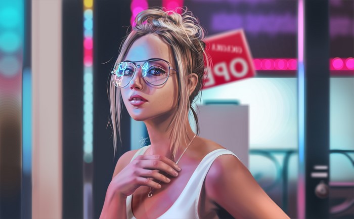 face, fantasy girl, women, reflection, white tank top, people, women with glasses, artwork, Yellow Lemon Cat, digital art, neon