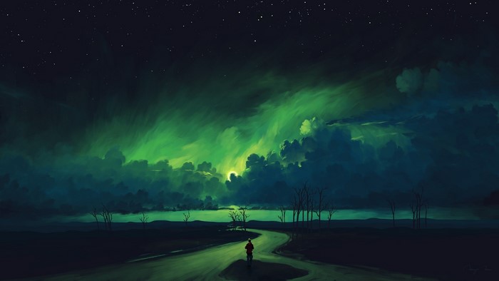 landscape, digital painting, aurorae, BisBiswas, sky, night, clouds