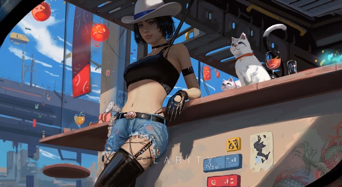 4K, artwork, crop top, 4K, women, CLA RITY, bar, cats, digital art, jeans shirt