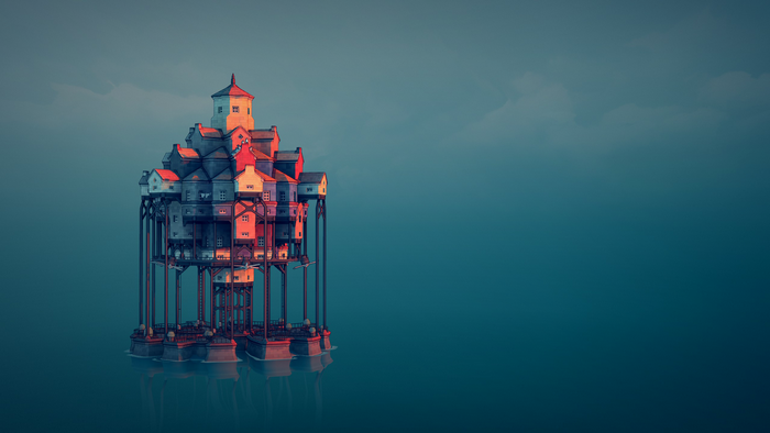 video game art, castle, town, minimalism, video games, digital art, Townscaper
