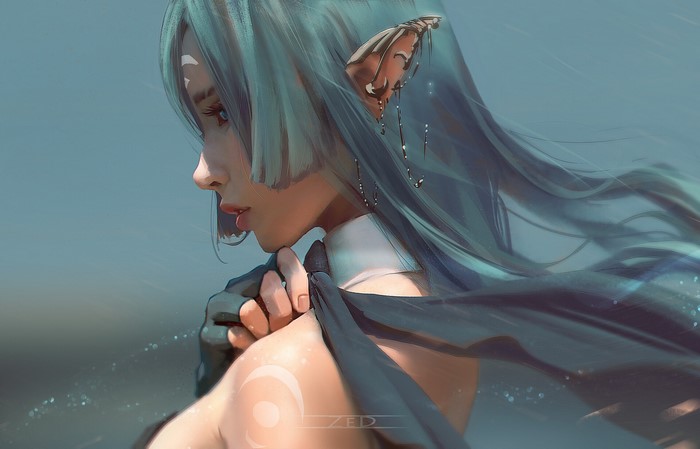 long hair, drawing, elves, portrait, Trungbui, women, blue hair, gradient, blue eyes, looking away