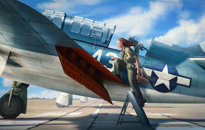 artwork, vehicle, aircraft, women, ArtStation, military vehicle, United States Navy, warplanes, military aircraft, military, Olga Kim
