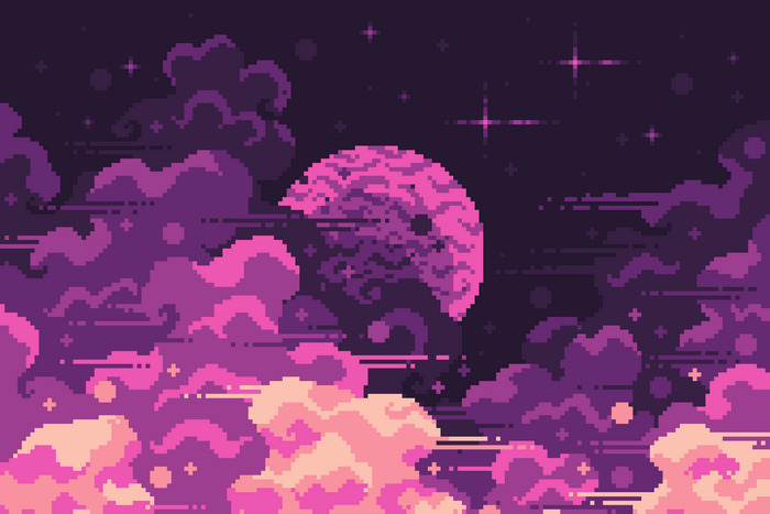 Pixel Art Planet with Stars and Clouds