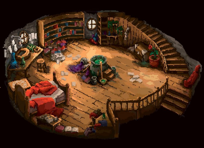 4K, sink, table, bed, digital art, Tom P. Mackintosh, bookshelf, stairs, pixel art, books, room, pixels