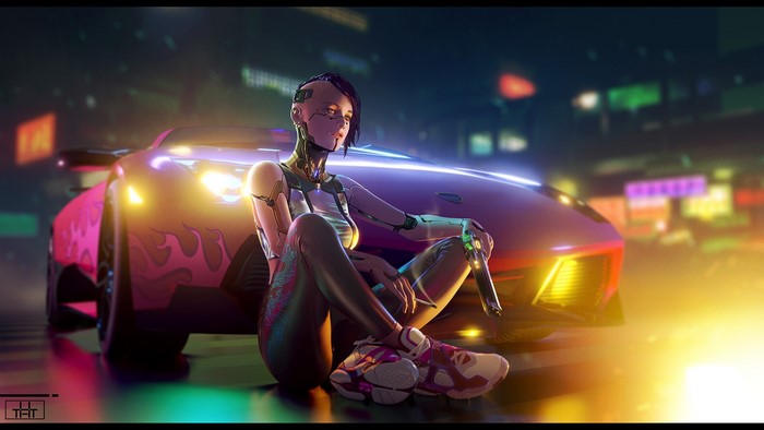 sneakers, drawing, cyberpunk, cyborg, pink, Yulin Li, weapon, car, women, short hair, night