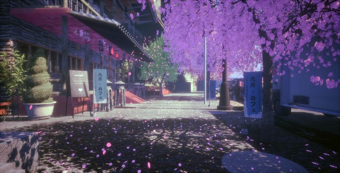 4K Urban Street Scene with Cherry Blossom Trees