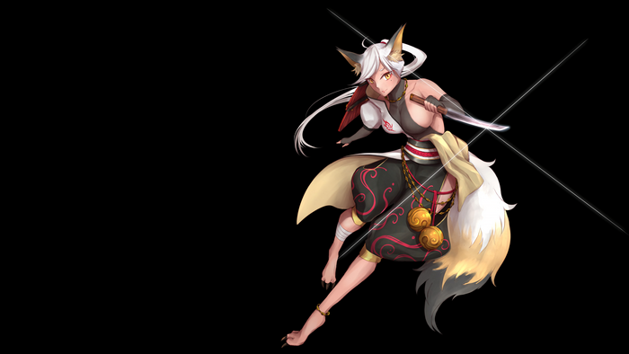 4K, fox tail, dark, black background, Anthro, women, fox ears, fox girl, sword
