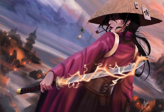 women with hats, artwork, hat, women with swords, drawing, smoking pipe, women, dark hair, back, ArtStation, sword, digital art, samurai