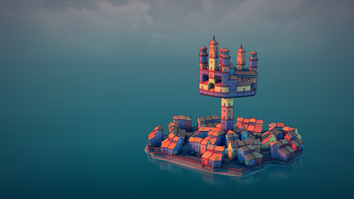minimalism, seashore, video games, architecture, Townscaper, town, castle, skyline, video game art