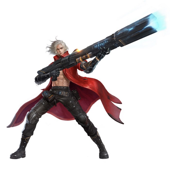 drawing, railguns, pants, smoking, science fiction, simple background, warrior, wind, gun, cigarettes, silver hair, weapon, mantle, white background, Yoon Lee, men