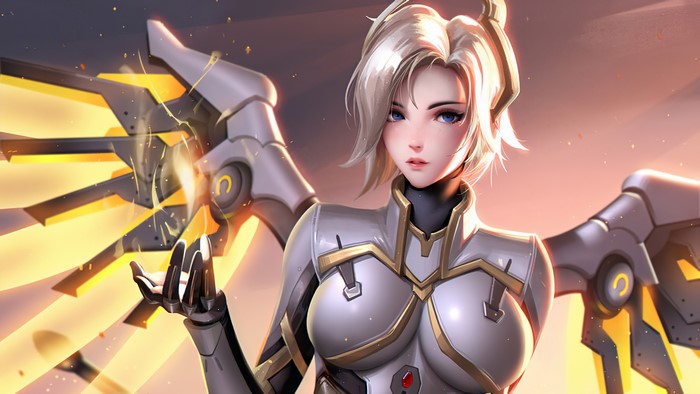 thick eyebrows, blue eyes, blonde, video game art, Overwatch, video games, Liang-Xing, Mercy (Overwatch), video game girls