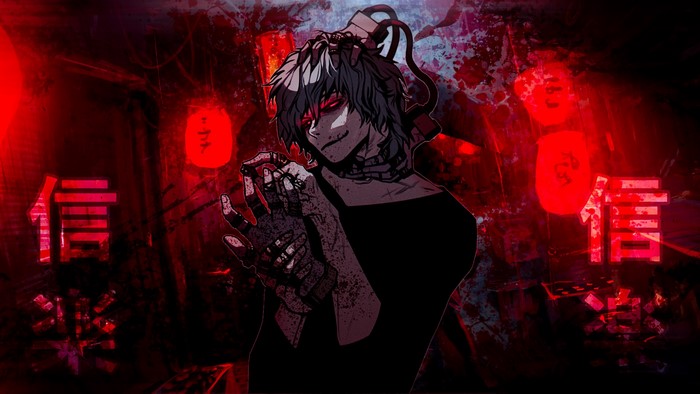 blue hair, graphic design, red, red eyes, Shigaraki Tomura, anime, liga de villanos, blood, hands in hair, kanji, hands, anime boys, Boku no Hero Academia
