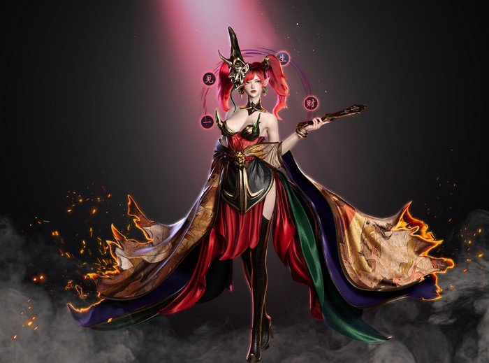 4K, CGI, fantasy girl, open mouth, looking at the side, pointed ears, women, digital art, redhead, mist, cleavage, looking away, dress, Qingze Zhao, 3D, frontal view, ArtStation, artwork