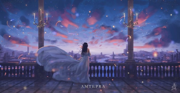 alone, dress, artwork, standing, clouds, white dress, balcony, digital art, AMTEPRA, ArtStation, back, drawing, candles